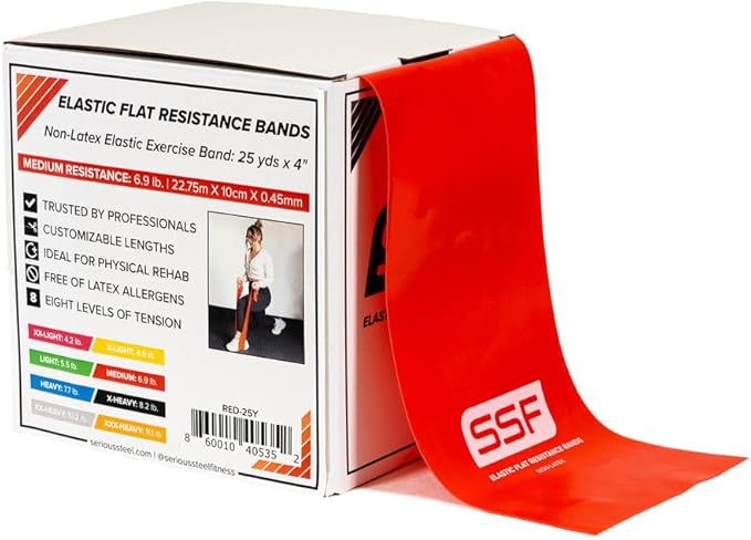 Serious Steel Fitness Flat Resistance Bands for Upper and Lower Body Strength Training and Exercise. (Non-Latex Flat Physical Therapy Exercise Bands - 4" x 25 Yards or 4" x 5 Feet)
