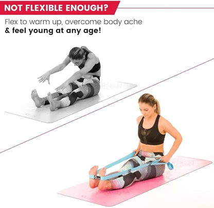 YOGA-EVO Elastic Stretching Strap with 10 Loops Premium Cotton Yoga Strap for Flexibility, Physical Therapy & Muscle Activation Includes Comprehensive HD Video Training & Digital Guide Latex-Free
