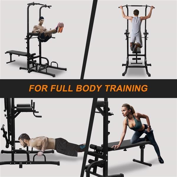 Multifunctional Power Tower with Bench - 7 Adjustable Height Pull Up Bar & Dip Station, Foldable Weight Bench for Home Gym, Heavy Duty Full Body Workout Equipment (Black)