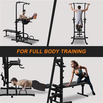 Multifunctional Power Tower with Bench - 7 Adjustable Height Pull Up Bar & Dip Station, Foldable Weight Bench for Home Gym, Heavy Duty Full Body Workout Equipment (Black)