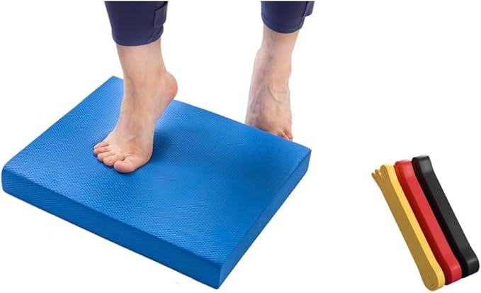 Stability Trainer Pad & Pilates Board Set - Non-Slip Foam Balance Exercise Pad,Balance Cushion for Yoga, Pilates, Therapy, and Home Fitness - Includes 3 Resistance Bands (12LB Yellow, 45LB Red, 85LB Black) - Portable and Lightweight