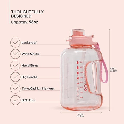 Sport Jug 58oz – Large Clear Plastic Water Jug with 2-in-1 Straw & Chug Lid, Motivational Time Markers, BPA-Free, Leakproof