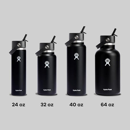 Hydro Flask Water Bottle - Insulated Stainless Steel - Wide Straw Lid, Non Spill, Leakproof in 32 Oz Black