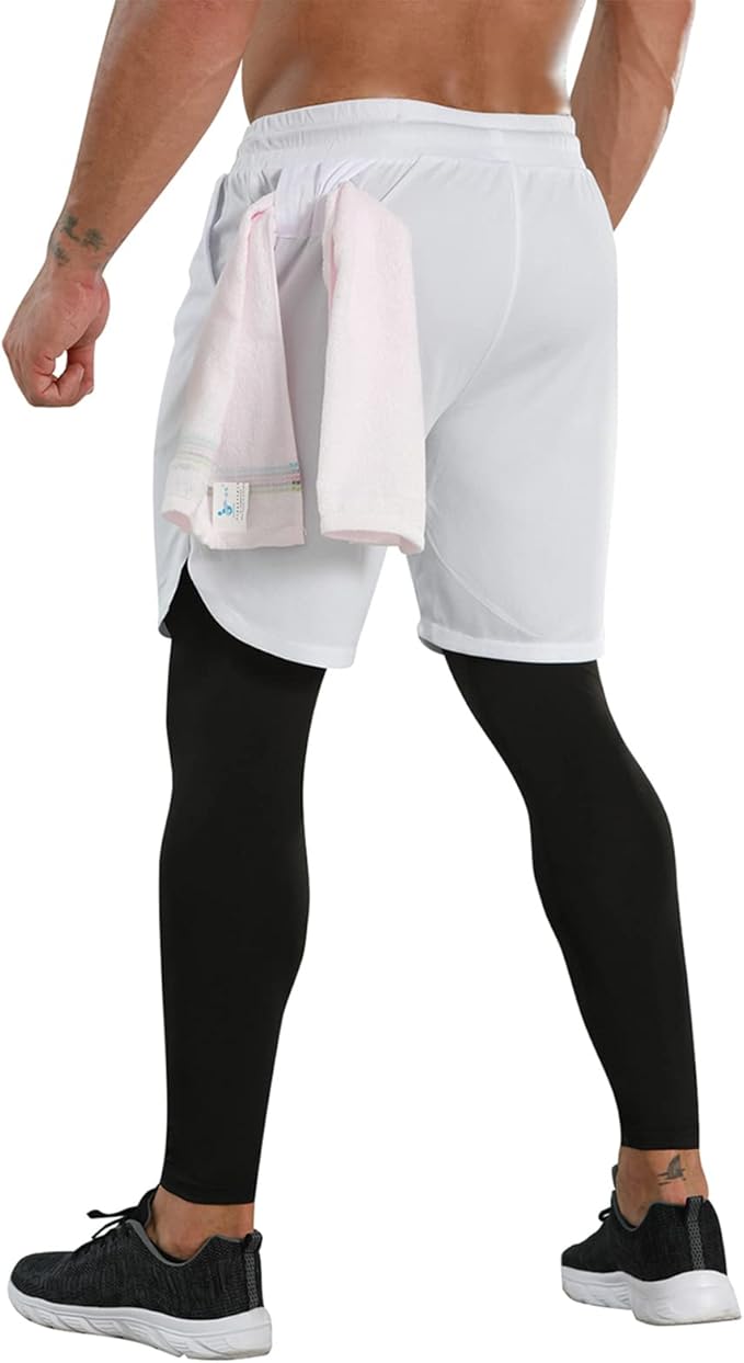 OEBLD Mens 2 in 1 Athletic Running Pants Quick Dry Gym Workout Shorts for Men Compression Pants with Pockets