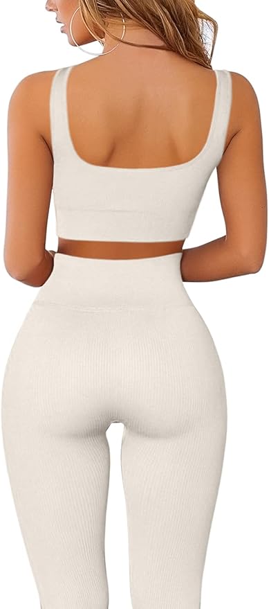 FAFOFA Ribbed Workout Outfits for Women 2 Piece Seamless Sport Bra High Waist Yoga Leggings Sets