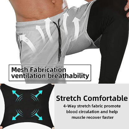 OEBLD Mens 2 in 1 Athletic Running Pants Quick Dry Gym Workout Shorts for Men Compression Pants with Pockets