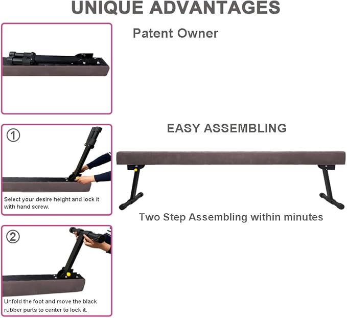GLANT 8ft Ultrasimple Adjustable&Foldable Balance Beam,High-Low Floor Beam Suede Gymnastics Equipment,No Tool Require, Gymnastics Beam for Training&Professional HomeTraining