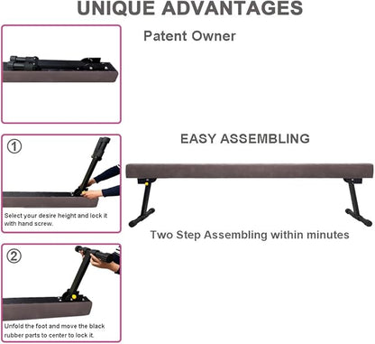 GLANT 8ft Ultrasimple Adjustable&Foldable Balance Beam,High-Low Floor Beam Suede Gymnastics Equipment,No Tool Require, Gymnastics Beam for Training&Professional HomeTraining