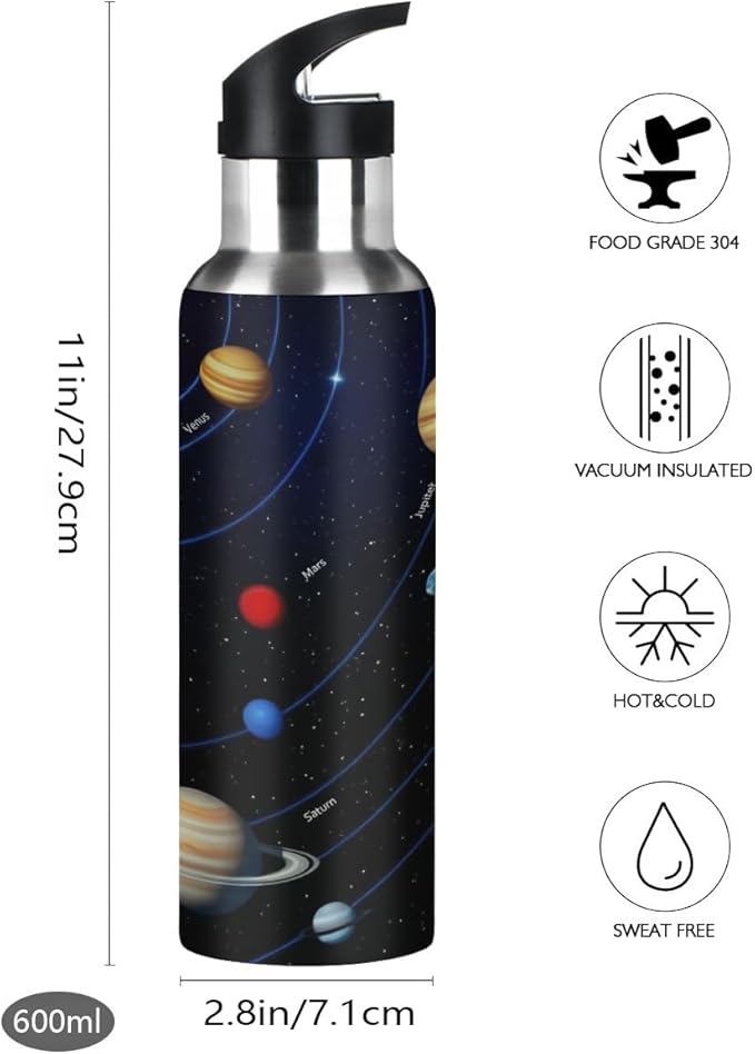AUUXVA Space Solar System Planet Water Bottle Vacuum Insulated Stainless Steel Mug Kids Water Bottle with Straw and Handle Keep Hot Cold Sport Bike Fit Travel Outdoor 20 oz