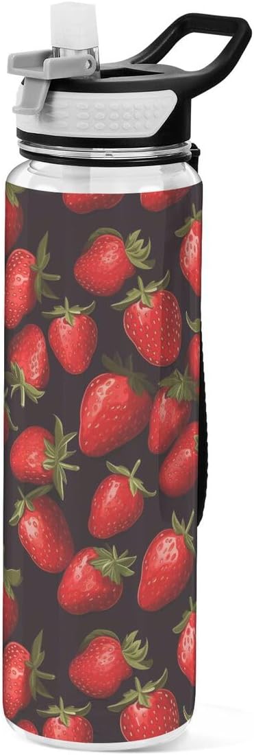 ALAZA Strawberry on Black Sports Water Bottle with Straw Tritan Drink Bottle 32 oz BPA Free Reusable for Travel Outdoor Fitness