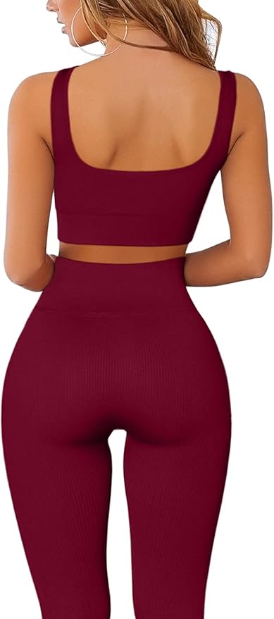 FAFOFA Ribbed Workout Outfits for Women 2 Piece Seamless Sport Bra High Waist Yoga Leggings Sets