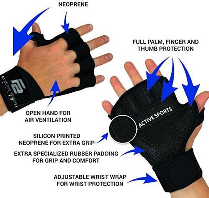 Fit Active Sports Gripper Weight Lifting Gloves with Wrist Wraps - Extra Grip & Padding for Lifting, Gym Workout, Cross Training Fitness, & Weightlifting. for Men & Women. No Calluses