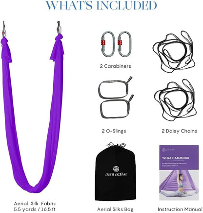 Aerial Silk Yoga Hammock & Swing for Home, Inversion Exercises, Starter Kit for All Levels - Durable with Extension Straps, Carabiners, and Pose Guide