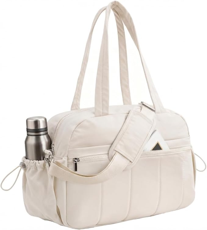 Travel Duffle Gym Bag for Women, Lightweight Puffer Carry on Weekender Bags with Wet Pocket Tote Yoga Workout Bag (Beige)