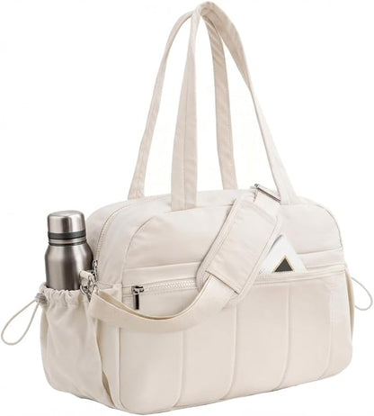 Travel Duffle Gym Bag for Women, Lightweight Puffer Carry on Weekender Bags with Wet Pocket Tote Yoga Workout Bag (Beige)