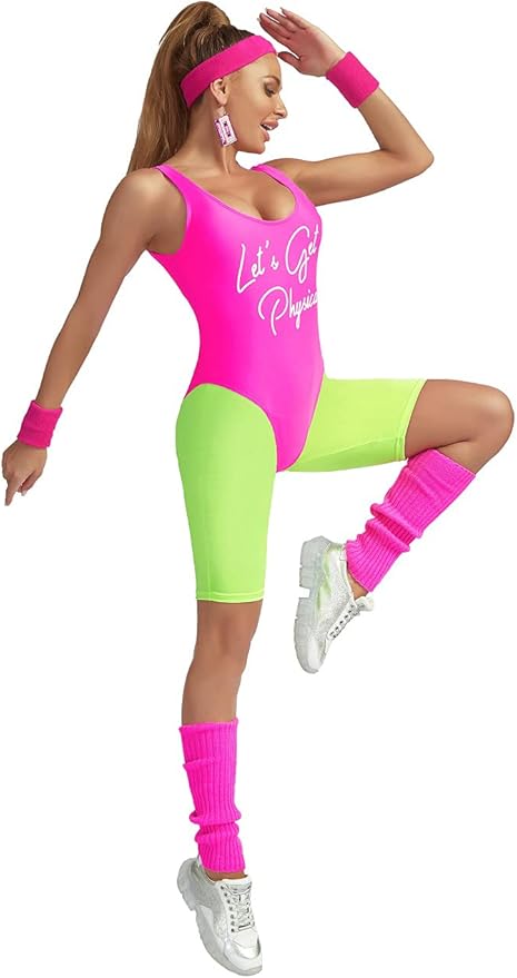MIAIULIA Womens 80s Workout Costume Outfit 80s Accessories Set Leotard Neon Legging Headband Wristbands Set