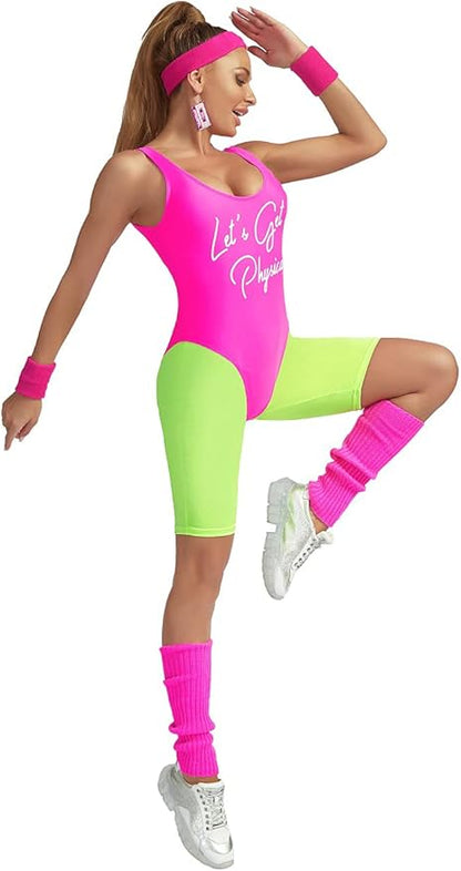 MIAIULIA Womens 80s Workout Costume Outfit 80s Accessories Set Leotard Neon Legging Headband Wristbands Set