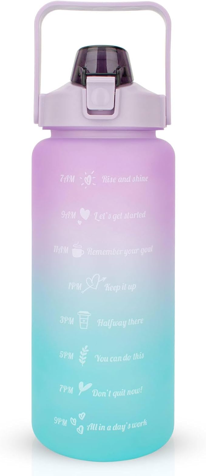 Large Motivational Water Bottle with Straw Time Marker BPA Free for Sport and Fitness (64 Oz/Half Gallon) (cyan-blue-purple)