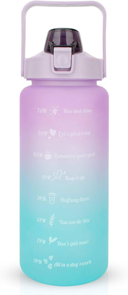 Large Motivational Water Bottle with Straw Time Marker BPA Free for Sport and Fitness (64 Oz/Half Gallon) (cyan-blue-purple)