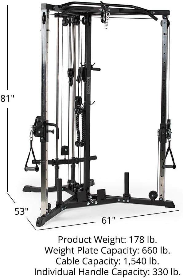 Titan Fitness Plate-Loaded Functional Trainer, Cable Crossover Machine with 660 LB Capacity, Smooth Fiberglass-Reinforced Cables, Multi-Grip Pull-Up Bar, LAT Bar, Low Row, Dual Stirrups