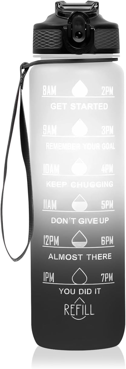 32 oz Motivational Water Bottle with Time Marker,Water Bottles with Times to Drink and Straw with Carrying Strap,Perfect For Fitness Gym Outdoor,BPA Free (Black & White Gradient)
