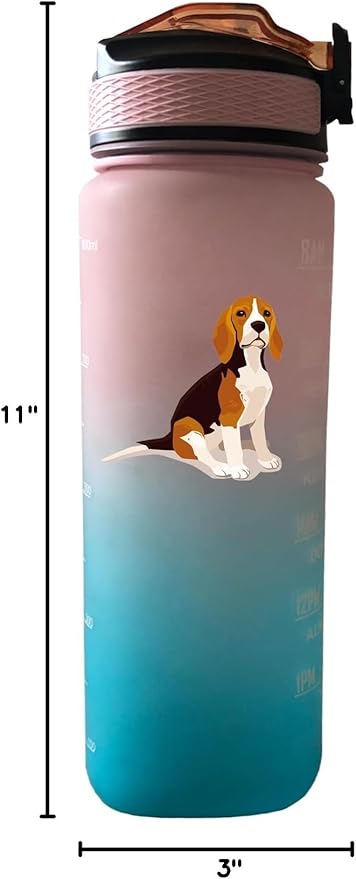 Beagle Dog Water Bottle Pink Blue Large 32 Oz Capacity - Time Marker & Easy-Clean Detachable Straw, BPA-Free Leakproof, Perfect for Fitness Gym, Camping, Outdoor Sports
