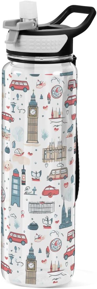 ALAZA Cartoon Big Ben London Cityscape Sports Water Bottle with Straw Tritan Drink Bottle 32 oz BPA Free Reusable for Travel Outdoor Fitness