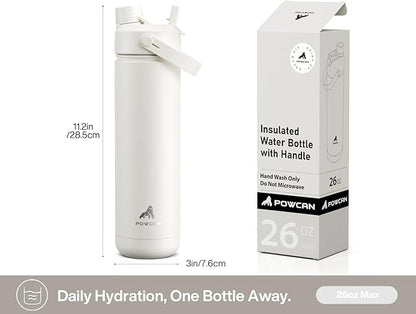 POWCAN 26 oz Insulated Water Bottle with 2-in-1 Straw and Spout Lid, Keep Cold 24H, Leak-Proof, Fits in Car Cup Holder, Stainless Steel Water Bottle for Sports, Travel, Gym, and School (Ivory)