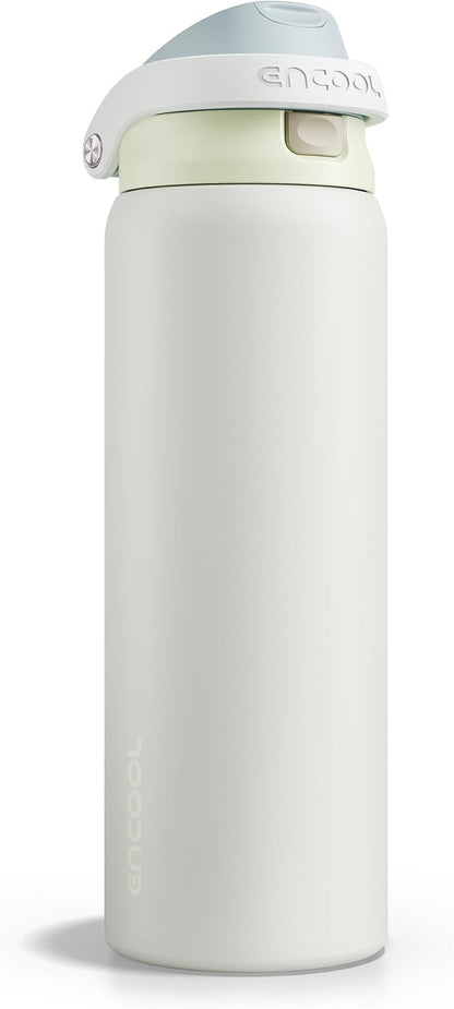 ENCOOL Leakproof Insulated Water Bottle with Straw Dual-Sip Water Bottle Bag-Safe Design for Work, Commute & Gym – Keeps Drinks Cold All Day, 32 oz, Cloud-Hill White