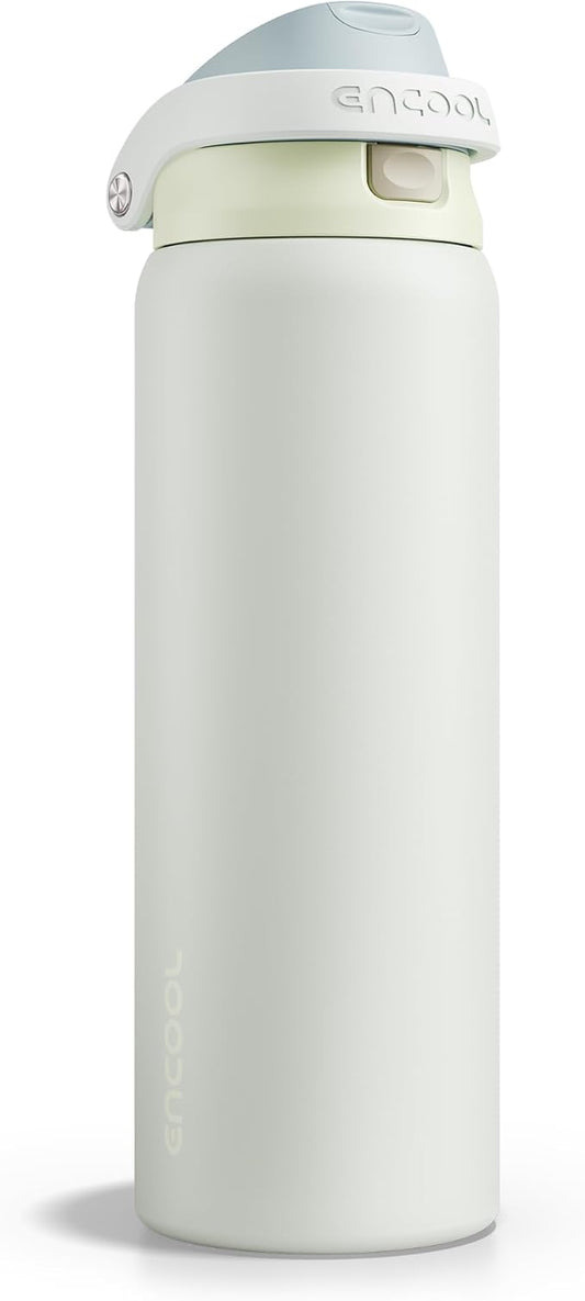 ENCOOL Leakproof Insulated Water Bottle with Straw Dual-Sip Water Bottle Bag-Safe Design for Work, Commute & Gym – Keeps Drinks Cold All Day, 32 oz, Cloud-Hill White