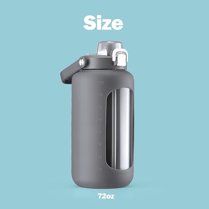 72oz Glass Water Bottle with 2-IN-1 Straw &Chug Lid, Large Motivational Glass Bottle with Capacity Marker and Silicone Sleeve, 2.1L Gallon Water Jug for Home, Sports, Gym, BPA Free-Gray