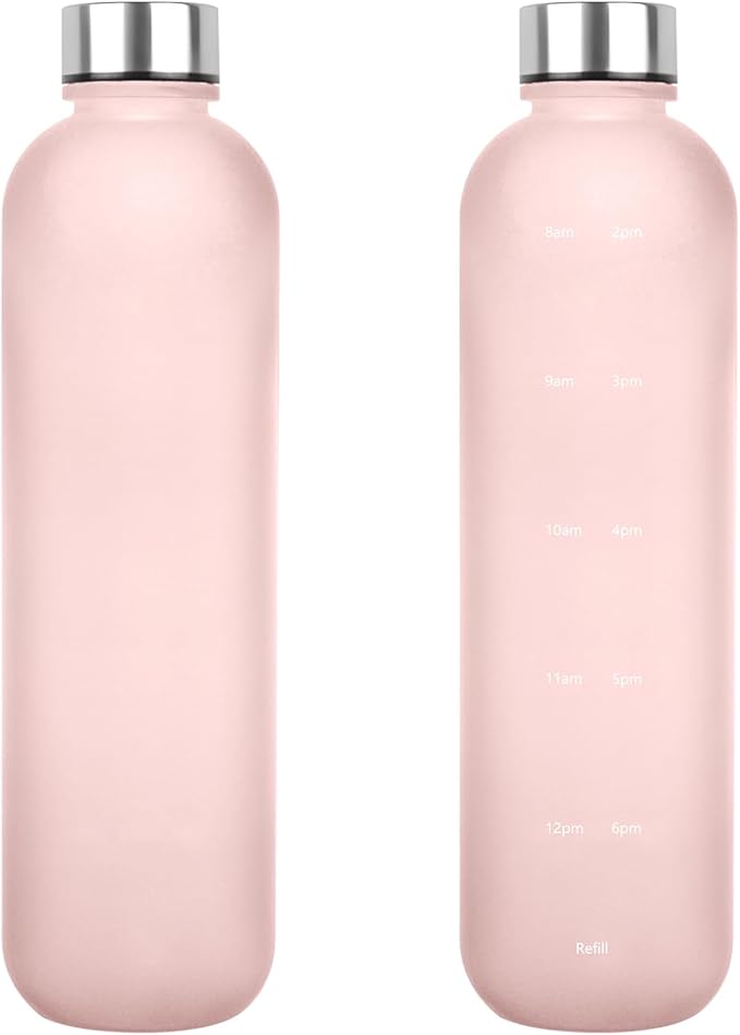 Water Bottle 32 oz, Frosted Style Sports Water Bottles BPA Free Water Bottle With Time Marker,Small mouth Leakproof Water Bottles with Strap for Gym Fitness Hiking Bike Camping (Pink-1)