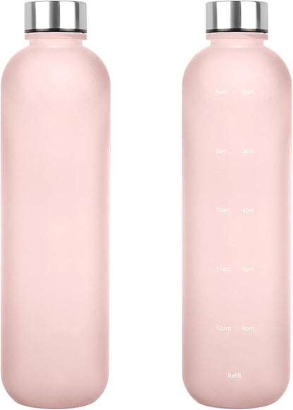 Water Bottle 32 oz, Frosted Style Sports Water Bottles BPA Free Water Bottle With Time Marker,Small mouth Leakproof Water Bottles with Strap for Gym Fitness Hiking Bike Camping (Pink-1)