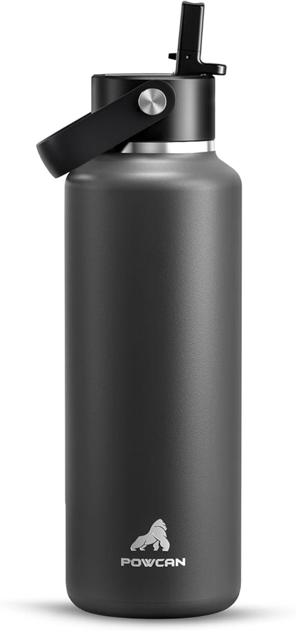 POWCAN 18 oz Stainless Steel Slim Water Bottle: Sweatproof, Flex Cap, Lightweight, Standard Mouth, Top Handle, Vacuum Insulated Flask with straw for Office, Home, Commute, Workouts (Stone Gray)