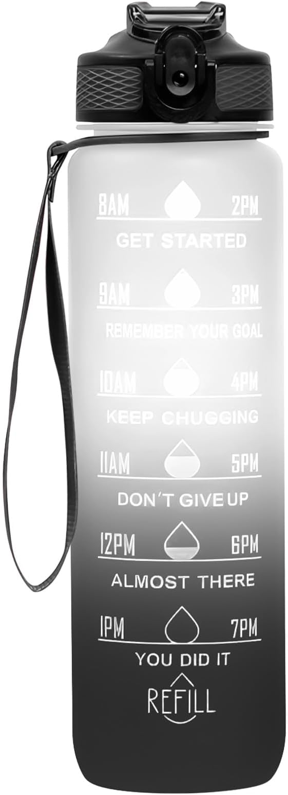 Frosted 32 oz Sports BPA Free Leakproof Water Bottle With Time Marker, Small Mouth, For Gym Fitness Hiking Bike Camping