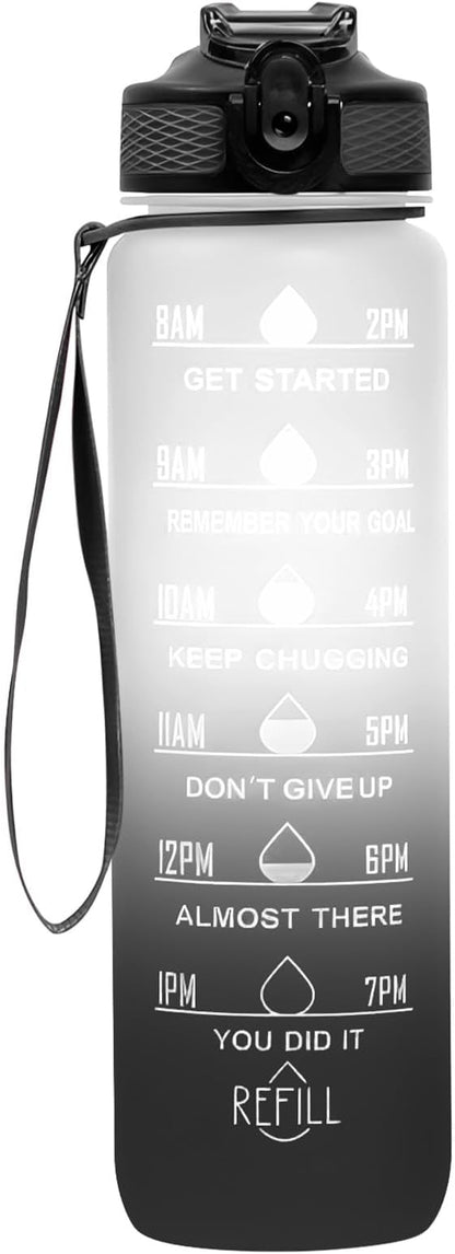 Frosted 32 oz Sports BPA Free Leakproof Water Bottle With Time Marker, Small Mouth, For Gym Fitness Hiking Bike Camping