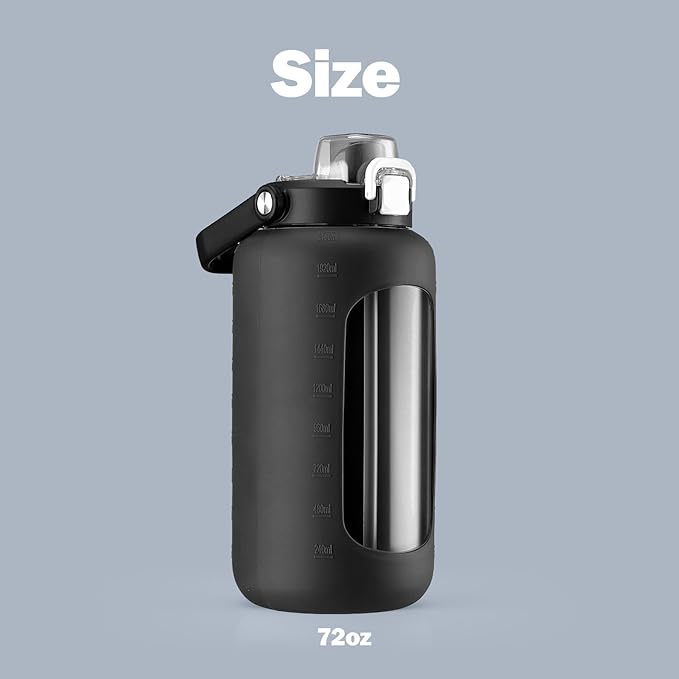 72oz Glass Water Bottle with 2-IN-1 Straw &Chug Lid, Large Motivational Glass Bottle with Capacity Marker and Silicone Sleeve, 2.1Liter Gallon Water Jug for Home, Sports, Gym, BPA Free-Black