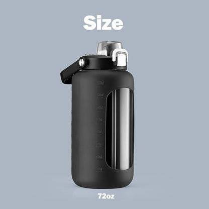 72oz Glass Water Bottle with 2-IN-1 Straw &Chug Lid, Large Motivational Glass Bottle with Capacity Marker and Silicone Sleeve, 2.1Liter Gallon Water Jug for Home, Sports, Gym, BPA Free-Black