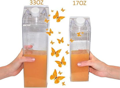 Milk Carton Water Bottle 33oz (1L) Plastic Clear Square Milk Bottles BPA Free Leakproof Water Bottle Portable Reusable Milk Carton Shaped Juice Bottle Perfect for Fitness Gym Camping Sports