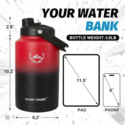 NATURE PIONEOR 1 Gallon Insulated Water Bottle - Double Vacuum Stainless Steel 128 oz Water Bottle with Holder/Carrier, Wide Mouth 1 gallon Water Jug for Outdoor Sports, Hiking, Camping, Gym