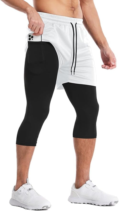 Aolesy Men's 2 in 1 Running Pants, Gym Workout Compression Pants for Men Training Athletic