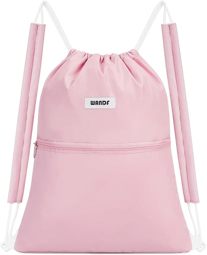WANDF Drawstring Backpack Sports Gym Bag with Shoulder Pads Water Resistant String Bag Cinch Bag for Women Men (Pink)
