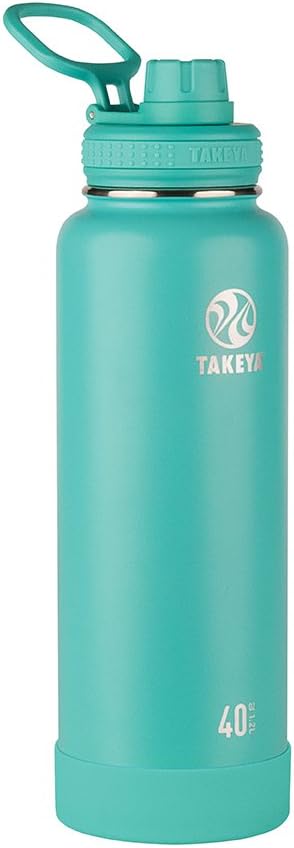 Takeya Actives Stainless Steel Water Bottle, Insulated Spout Lid, Keeps Drinks Cold 24 Hrs, Leakproof, Durable, Dishwasher Safe, Ideal for Gym, Travel, Fits Most Cup Holders, 40 oz/Teal