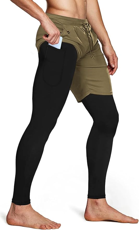 Aolesy Men's 2 in 1 Running Pants, Gym Workout Compression Pants for Men Training Athletic