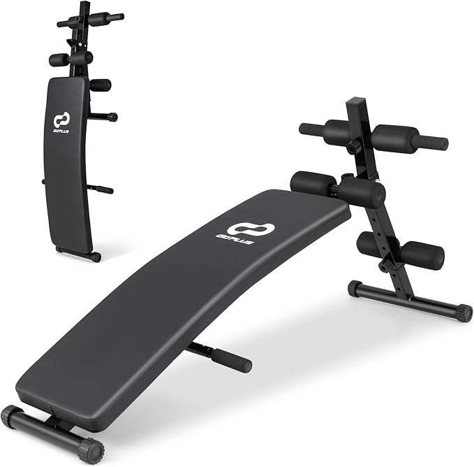 Goplus Adjustable Sit Up Bench for AB Exercise, Foldable Curved Slant Bench with High Density Foam Cushioned Seat for Strength Training, Incline Decline Workout Equipment for Home Gym, Black