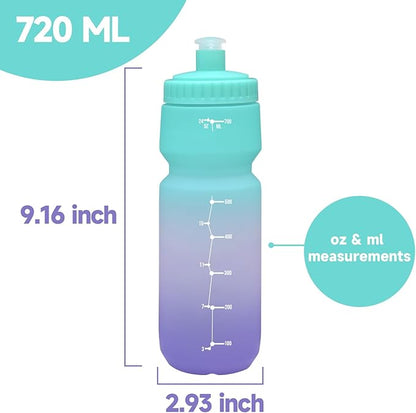 24oz Bike Water Bottle, Sport Squeeze Water Bottle Leakproof BPA Free with Capacity Scale w/Pull Top Lid, Reusable, for Bicycle, Gym, Hiking 2 Pack