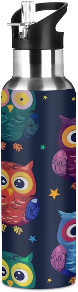 Animal Owl Vacuum Insulated Water Bottle Stainless Steel Kids Sport Jug with Straw Lid Wide Mouth Leakproof BPA Free for Bike Running Walking Outdoor 20 Oz