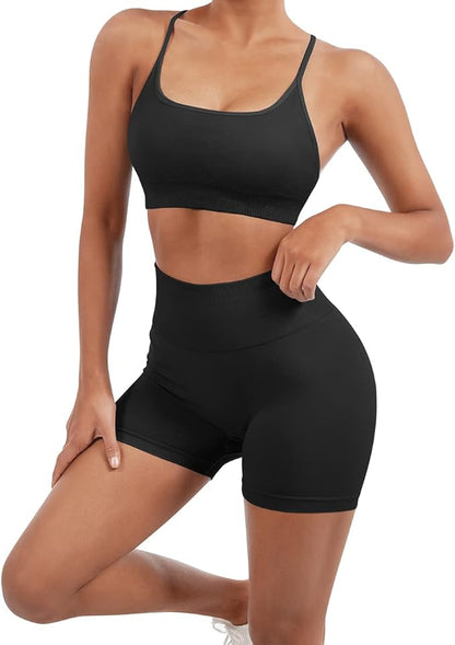 SUUKSESS Women Seamless Workout Sets Strappy Sports Bra High Waist Booty Shorts Outfits