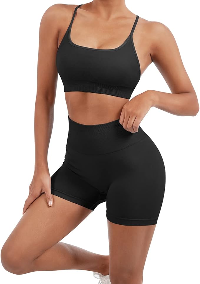 SUUKSESS Women Seamless Workout Sets Strappy Sports Bra High Waist Booty Shorts Outfits