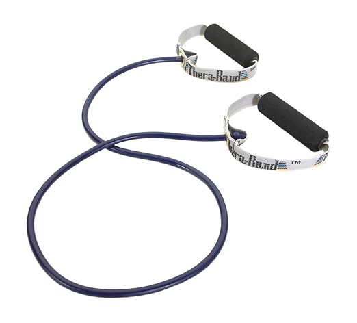 TheraBand Professional Latex Resistance Tubing with Handles For Physical Therapy, Lower Pilates, At-Home Workouts, and Rehab, Soft Handles, 48 Inch, Blue, Extra Heavy, Intermediate Level 2